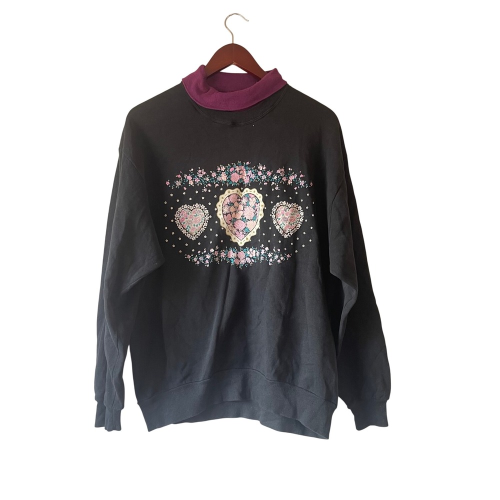 Vintage‎ Floral Heart Double Collar Sweatshirt Black Plum Large cottagecore
